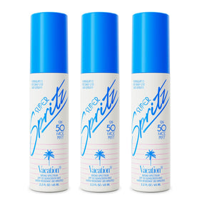 VACATION front packaging showing three 2.2 fl oz bottles and SPF 50 protection benefit