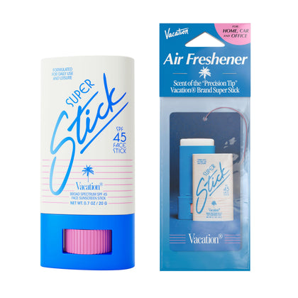 VACATION front packaging showing clear SPF 45 stick and compact design benefit