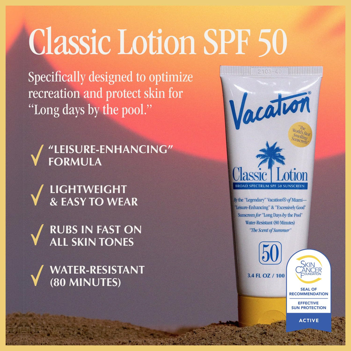 VACATION lotion texture close-up showing smooth spread and fast absorption