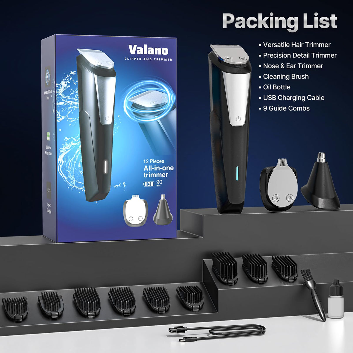 Valano grooming kit on bathroom counter showing everyday use and space-saving storage