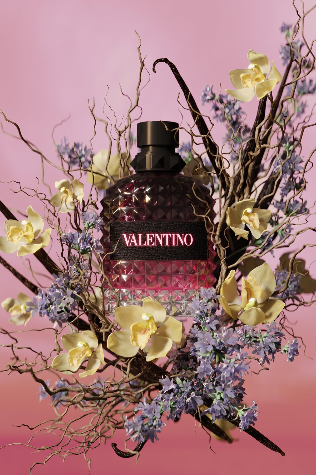Close-up of vanilla and vetiver notes with Valentino branding for scent detail