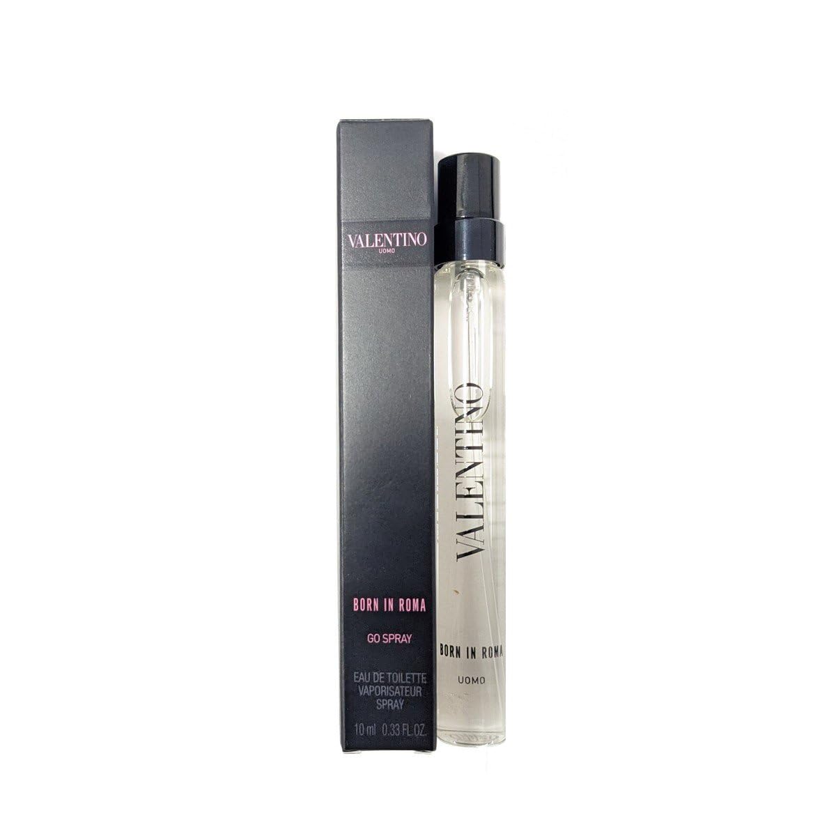 Valentino Born in Roma Uomo front spray showing compact bottle, great for travel