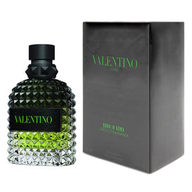 Valentino Uomo Born In Roma Green Stravaganza front bottle showcasing studded design and luxury finish