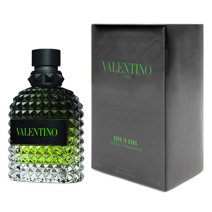 Valentino Uomo Born In Roma Green Stravaganza front bottle showcasing studded design and luxury finish