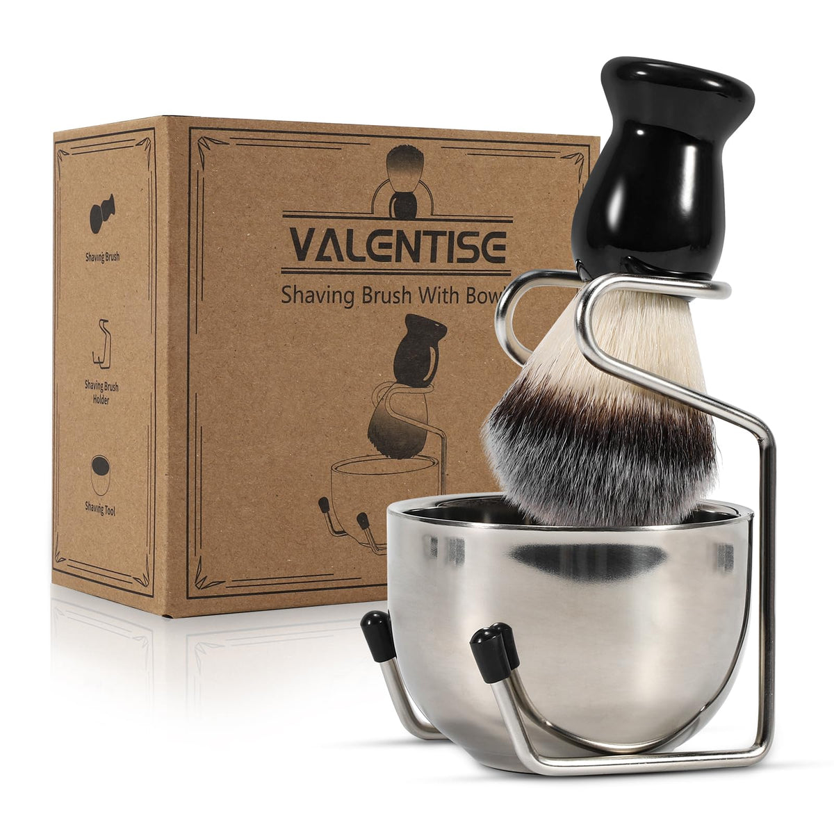 VALENTISE front view of brush set showing sleek black brush and silver stand benefit: elegant storage