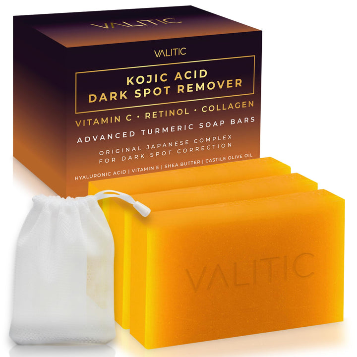VALITIC front packaging showing three soap bars and bag, promotes consistent use