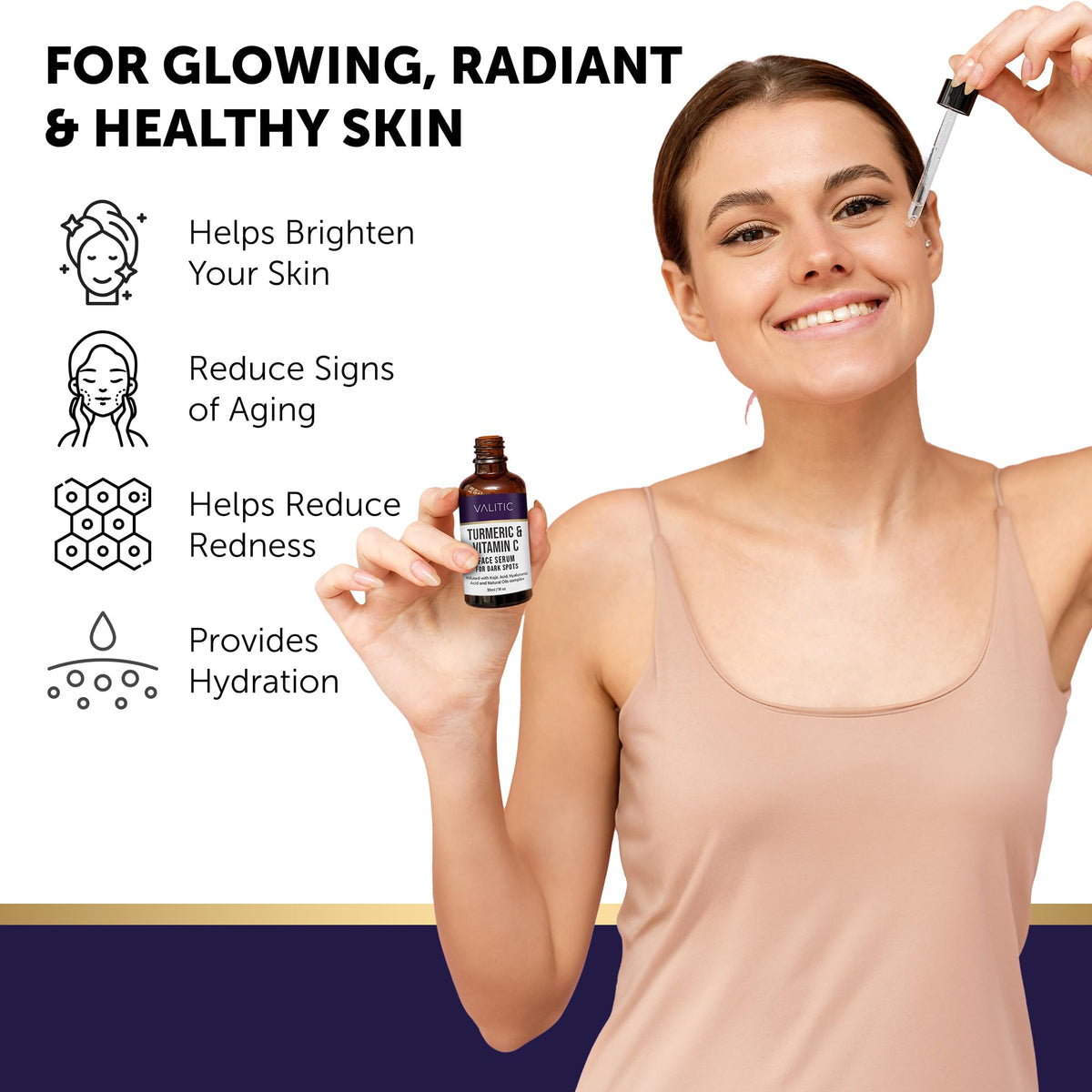 VALITIC ingredient display with vitamin C and niacinamide emphasizing brightening