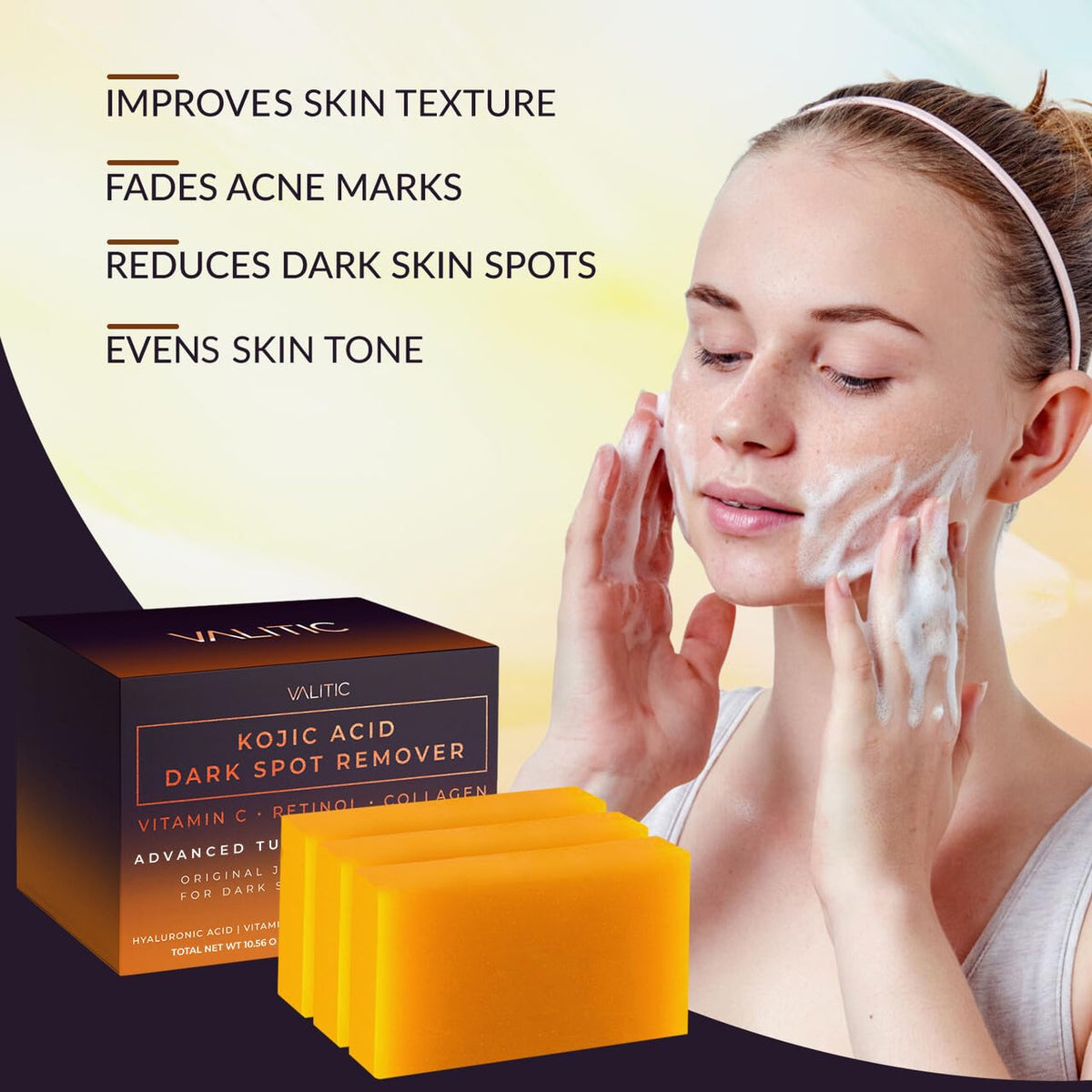 VALITIC ingredients display with turmeric and vitamin C emphasizing brightening support