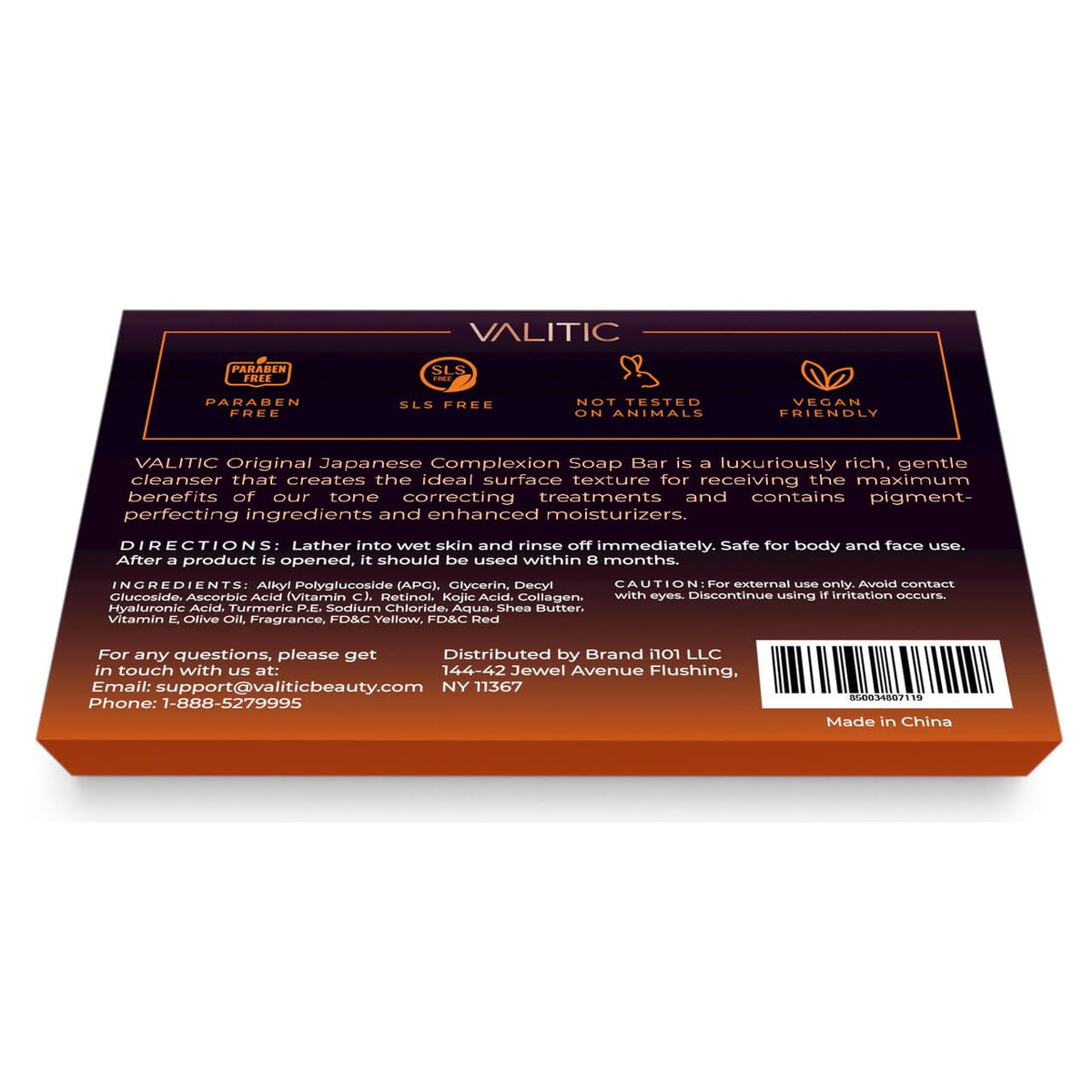 VALITIC ingredients label visible listing kojic acid, vitamin C, retinol and turmeric benefits