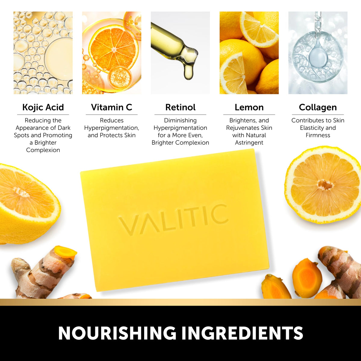 VALITIC soap beside lemons and turmeric illustrating natural brightening ingredient benefits