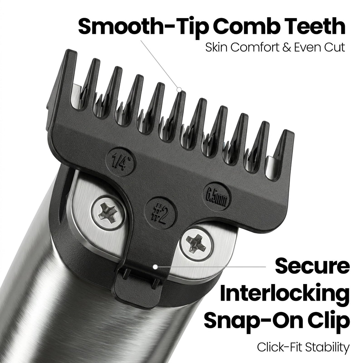VALLNEI guide comb attached to a 40mm T-blade trimmer illustrating secure fit benefit