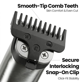 VALLNEI guide comb attached to a 40mm T-blade trimmer illustrating secure fit benefit