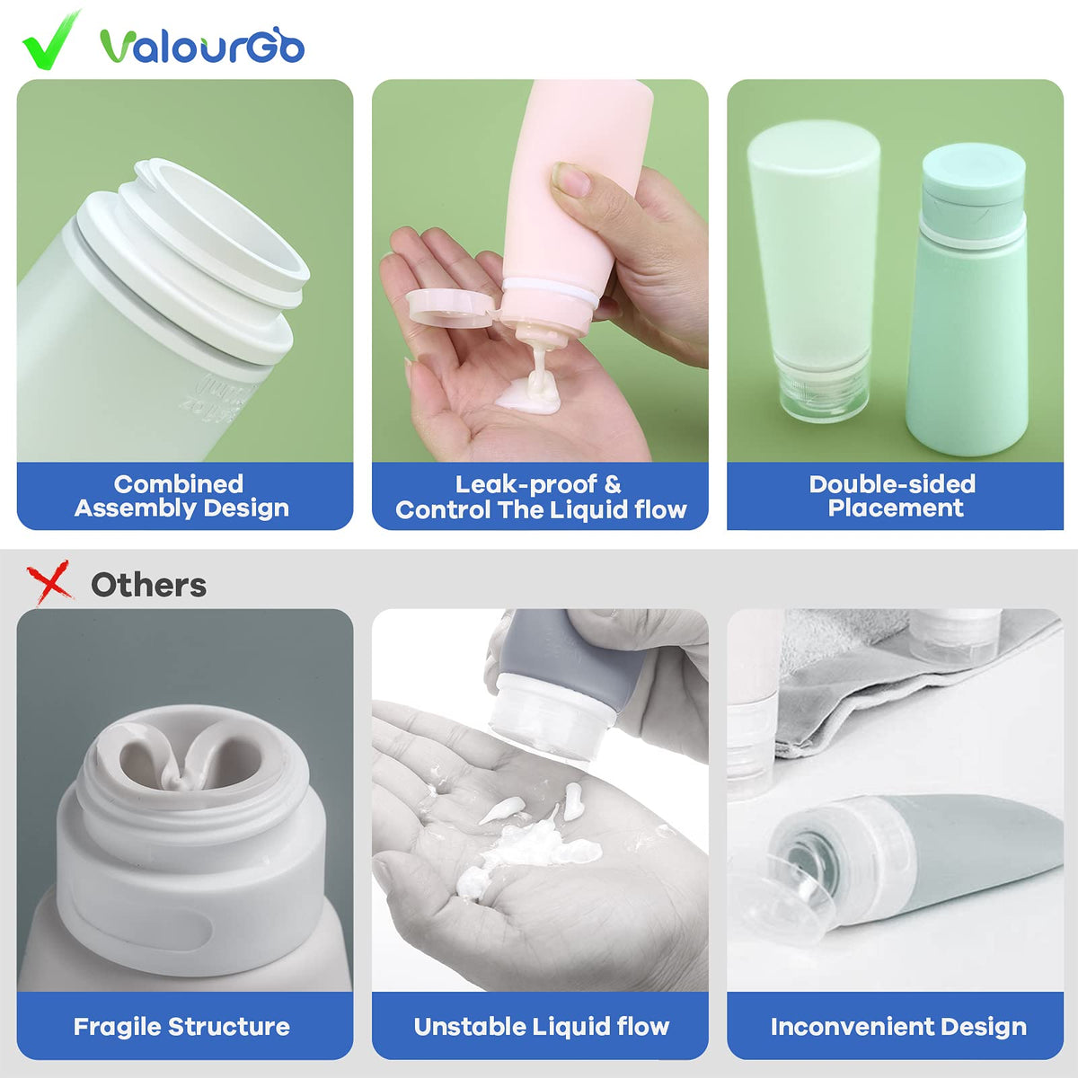Valourgo color-coded bottles grouped to show clear product identification