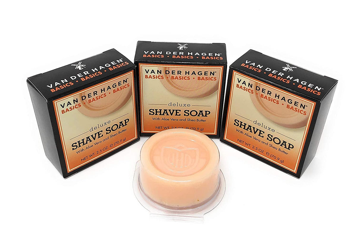 Post-shave towel and soap in bathroom showing Van Der Hagen support for grooming