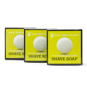 Van Der Hagen front packaging showing three scented shave soap bars and brand benefit