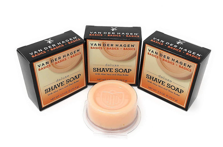 Van Der Hagen front packaging showing three shave soap pucks and brand benefit