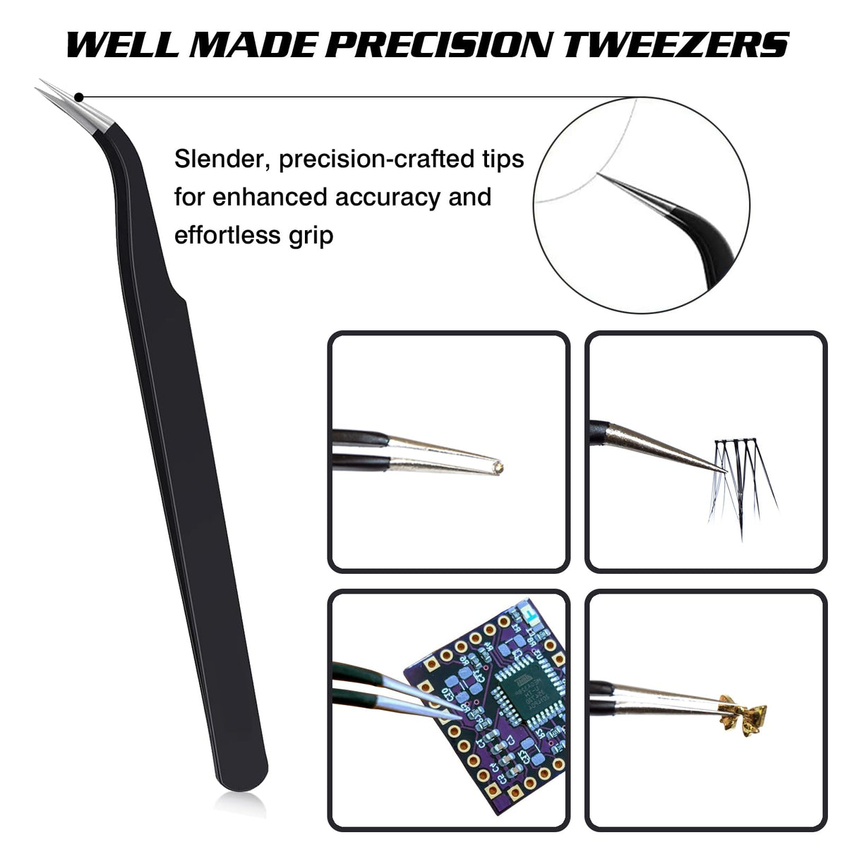 VANALIA tapered stainless steel tweezer detail gripping a tiny sequin for accurate positioning benefit