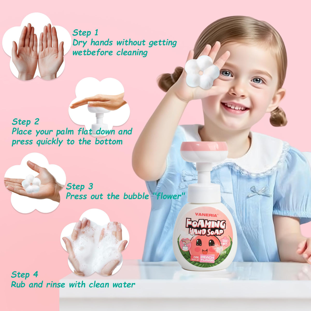 VANERIA toddler pressing dispenser with caregiver nearby promoting independence