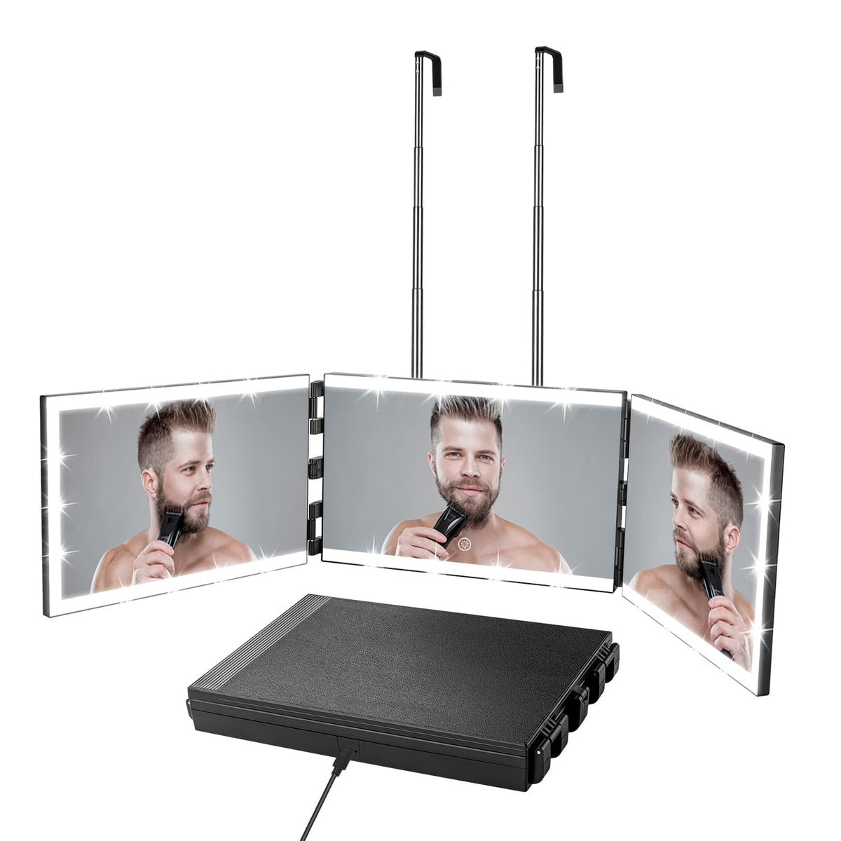 Vanexiss front view trifold mirror showing full three-panel reflection and even lighting benefit