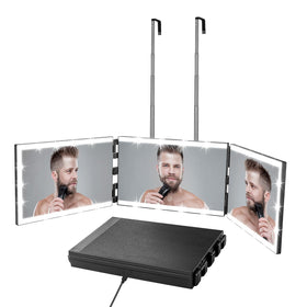 Vanexiss front view trifold mirror showing full three-panel reflection and even lighting benefit