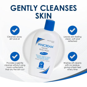 Vanicream bottle in shower scene demonstrating easy-use daily cleansing benefit