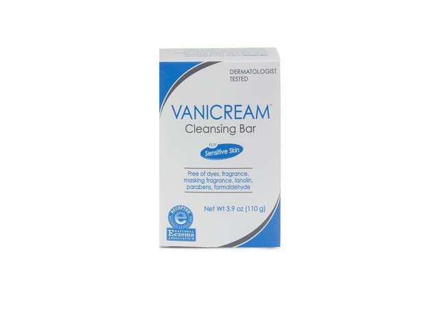 Hand with creamy lather from Vanicream cleansing bar demonstrating moisturized feel