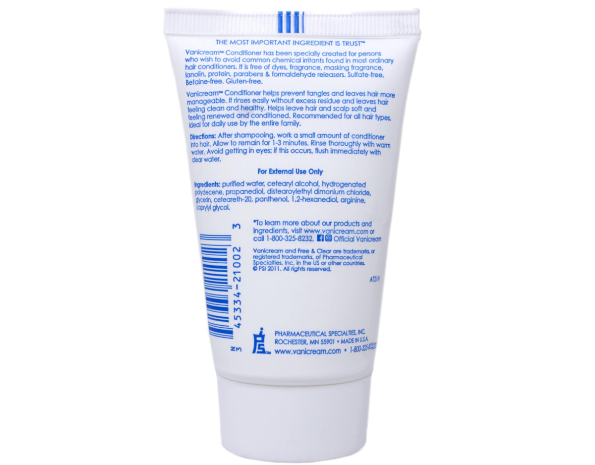 Vanicream conditioner tube label detail highlighting ingredient transparency benefit