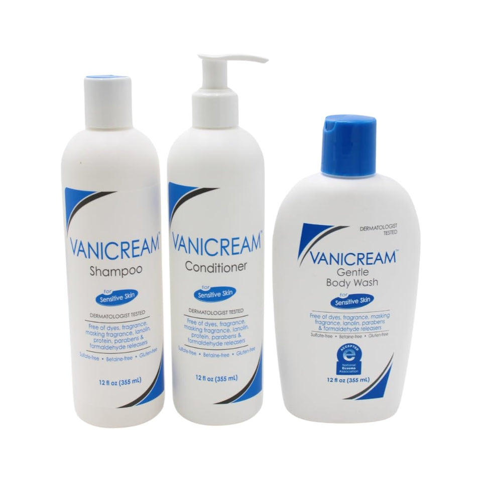 Vanicream front view of three 12oz bottles showing clean sensitive-skin branding benefit