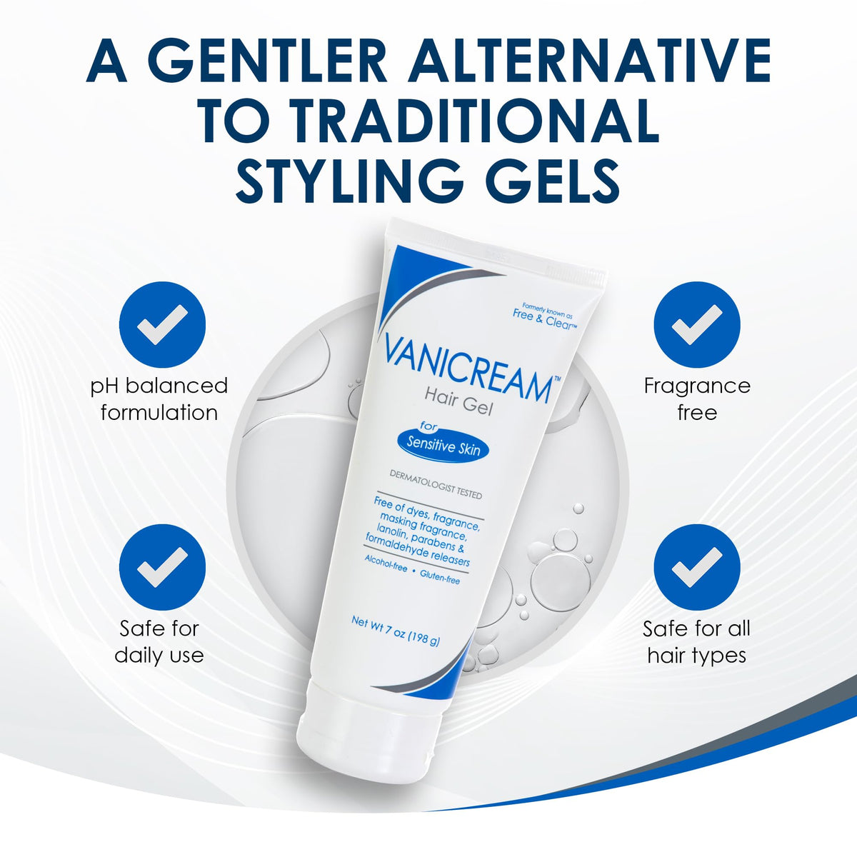 Vanicream gel in hand being applied to hair for controlled styling