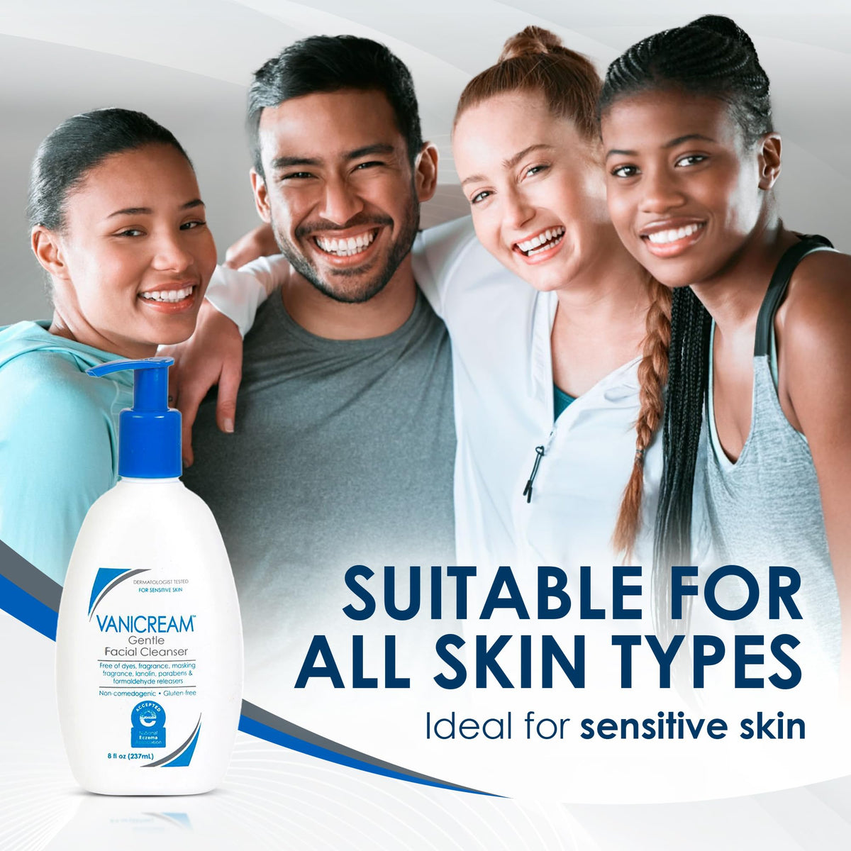 Vanicream bottle on bathroom vanity suggesting daily gentle cleansing benefit