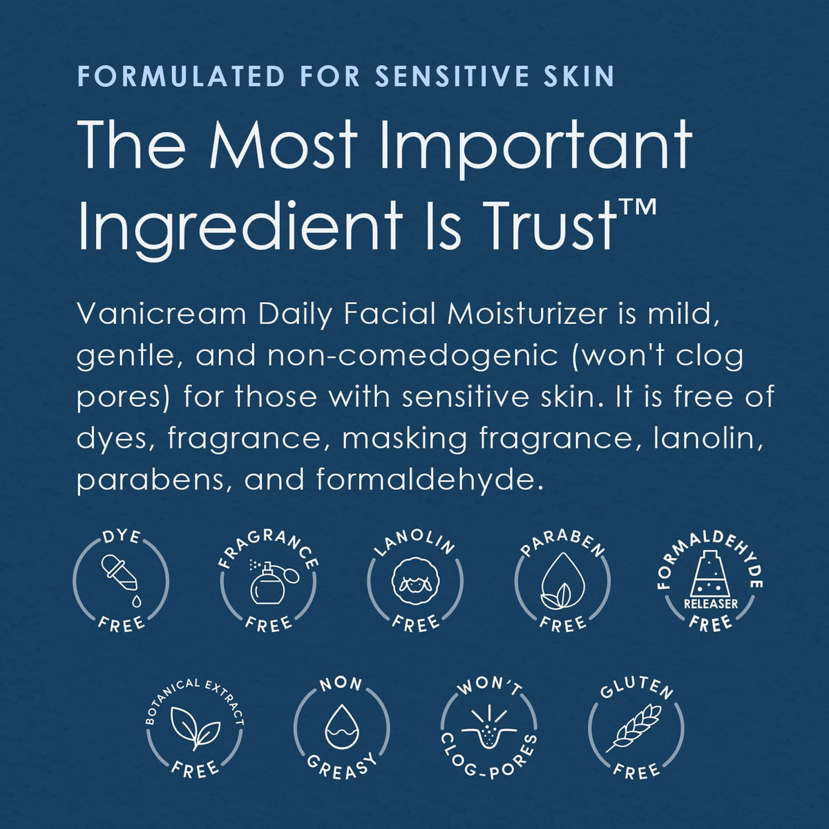 Vanicream product label close-up showing free-from claims and dermatologist-tested benefit