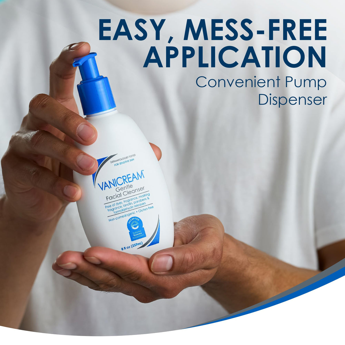 Vanicream 8 fl oz bottle next to hand for scale showing practical size benefit