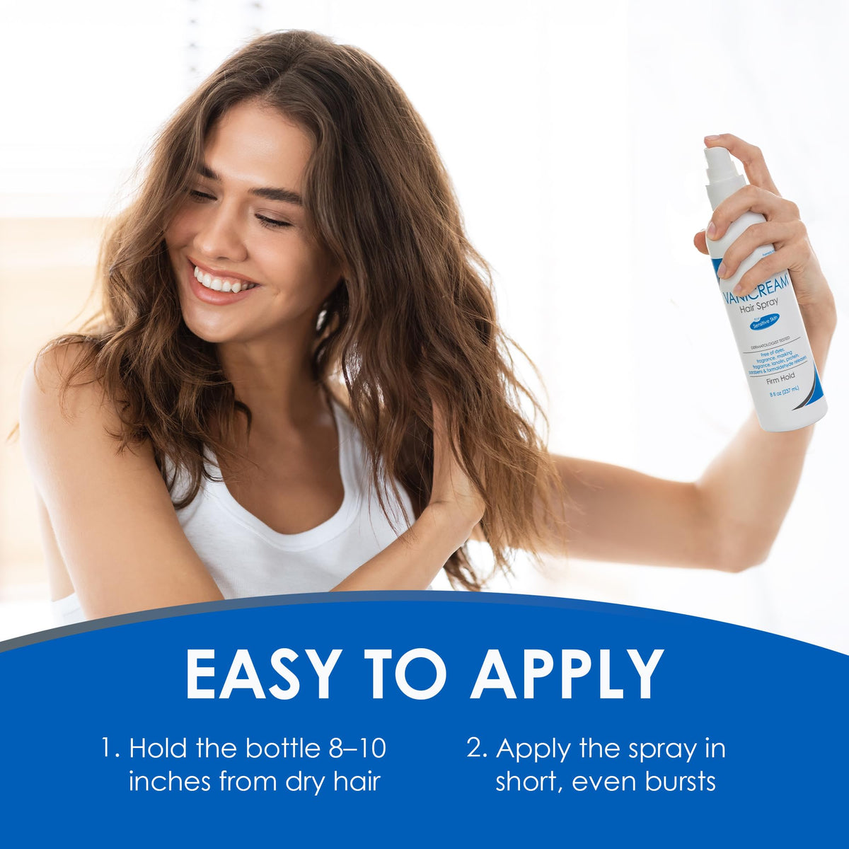 Applying Vanicream spray to styled hair for long-lasting hold benefit