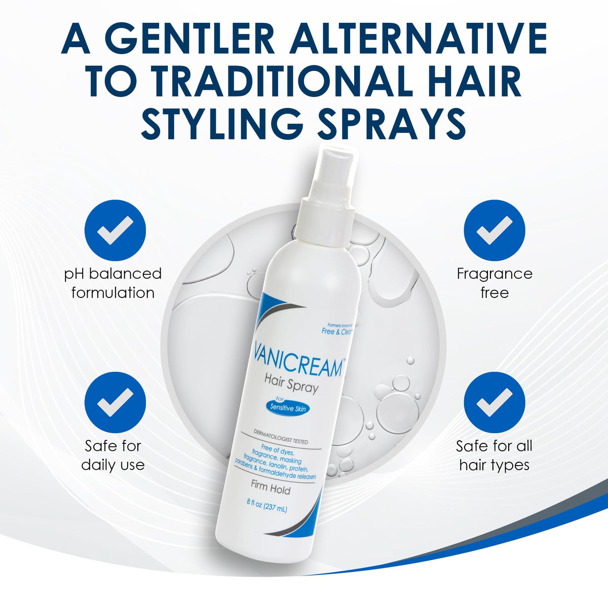 Close-up texture of Vanicream spray mist for even, natural hold benefit