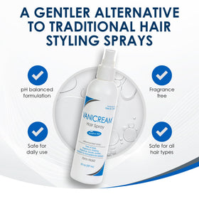 Close-up texture of Vanicream spray mist for even, natural hold benefit