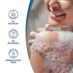 Vanicream foam texture on hand illustrating mild lather that cleans without drying