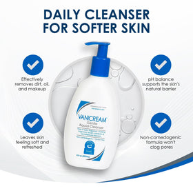 Person washing face with Vanicream showing mild lather and comfort benefit