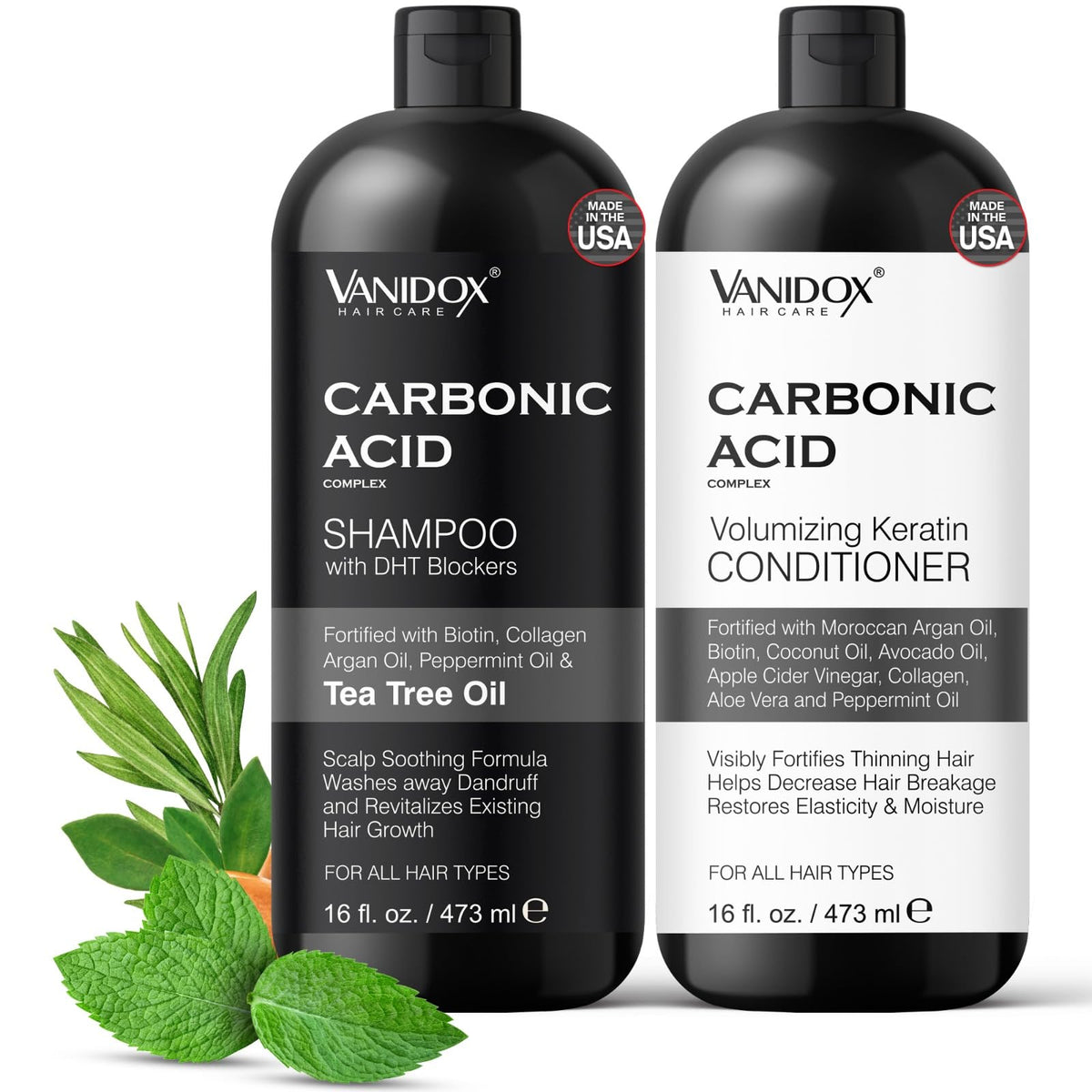 VANIDOX front packaging of 16 oz shampoo and conditioner set showing complete duo benefit