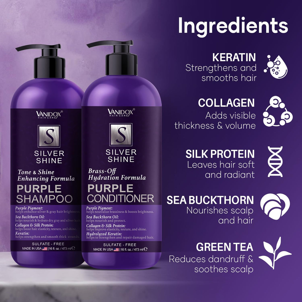 VANIDOX shampoo poured to show purple cream texture that neutralizes brassiness