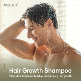 VANIDOX scalp massage in shower demonstrating circulation stimulation benefit