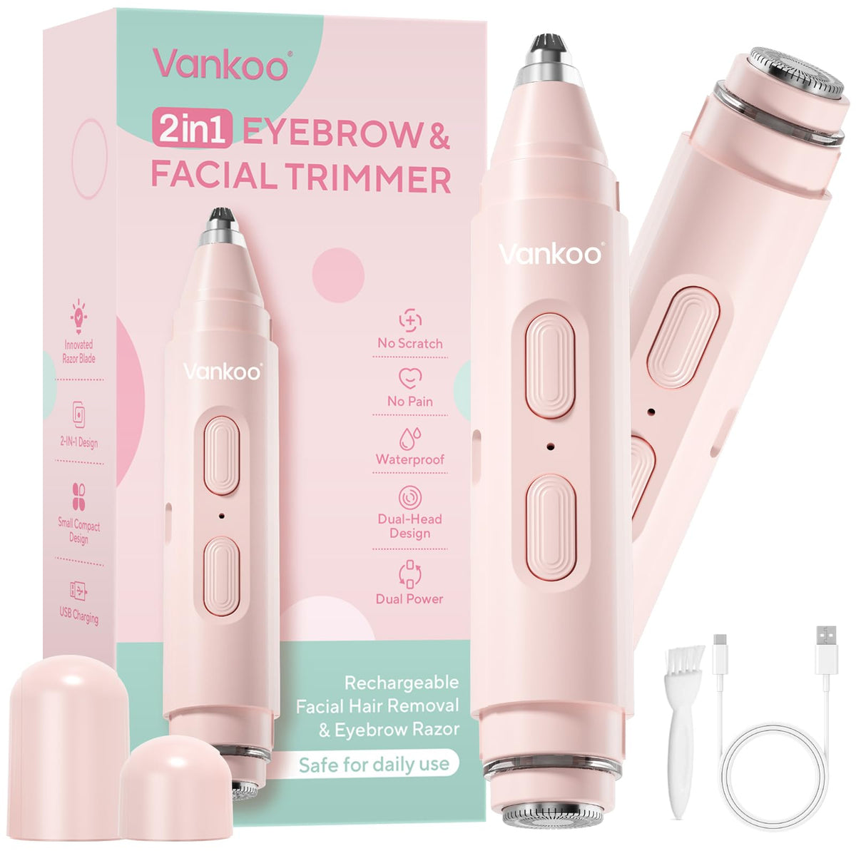 vankoo glow front view showing device and interchangeable heads for versatile grooming