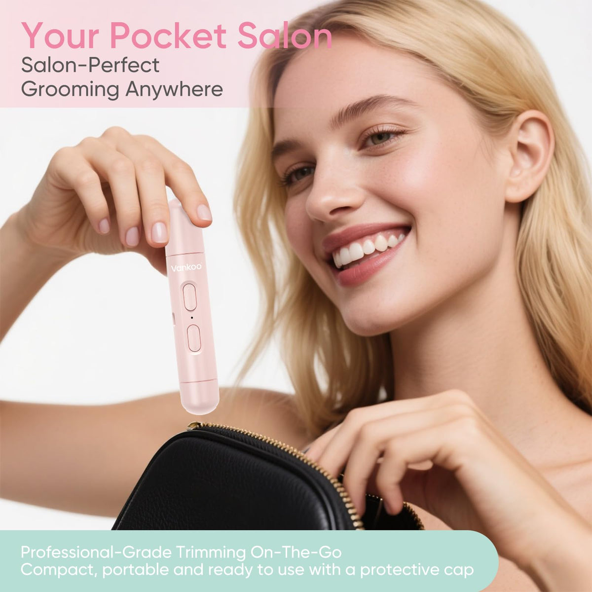 vankoo glow tucked in makeup bag demonstrating portable recharge convenience