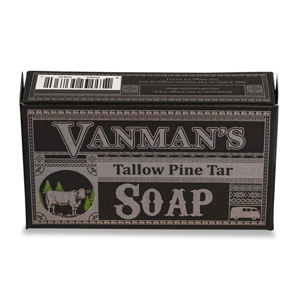 VanMan front packaging showing tallow pine tar soap and brand benefit