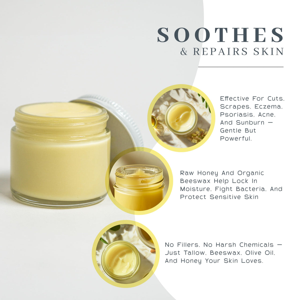 Label detail of VanMan balm ingredients listing grass-fed tallow, raw honey and cold-pressed olive oil