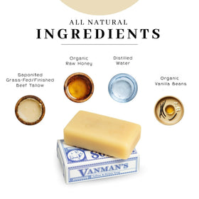 VanMan side label detail showing ingredient list and grass-fed tallow origin