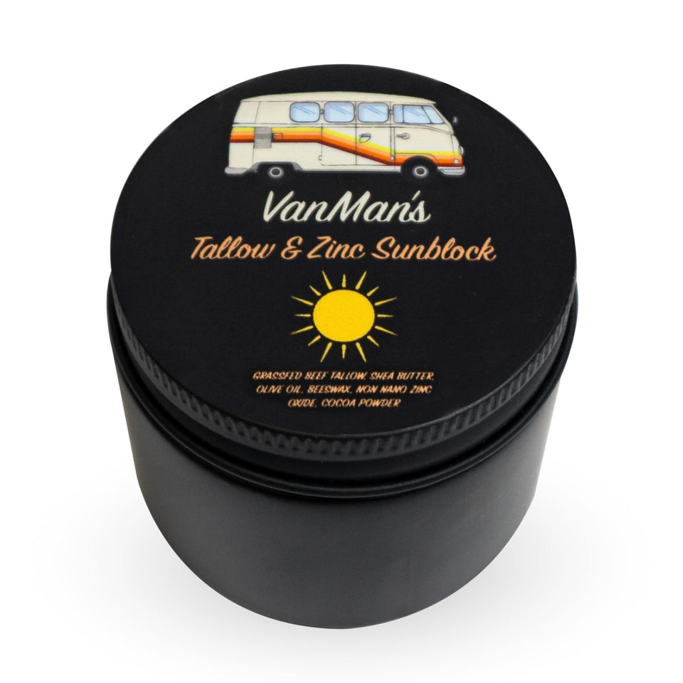 The VanMan Company tin front view showing label and compact size for travel