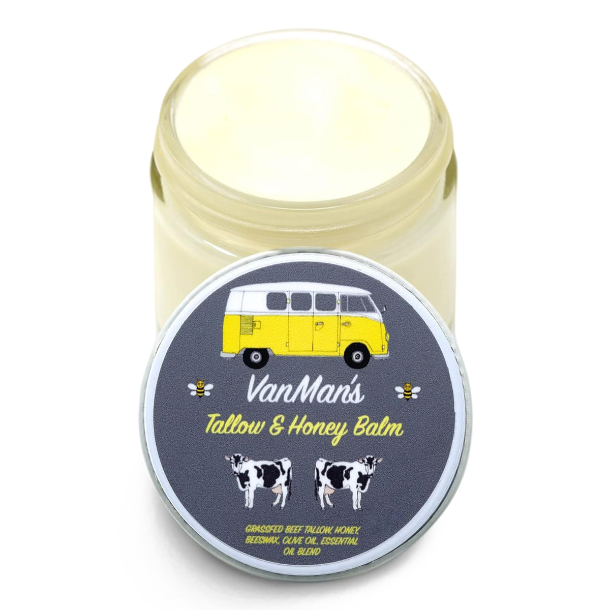 Vanman's Tallow and Honey Balm tin front showing label and compact size benefit