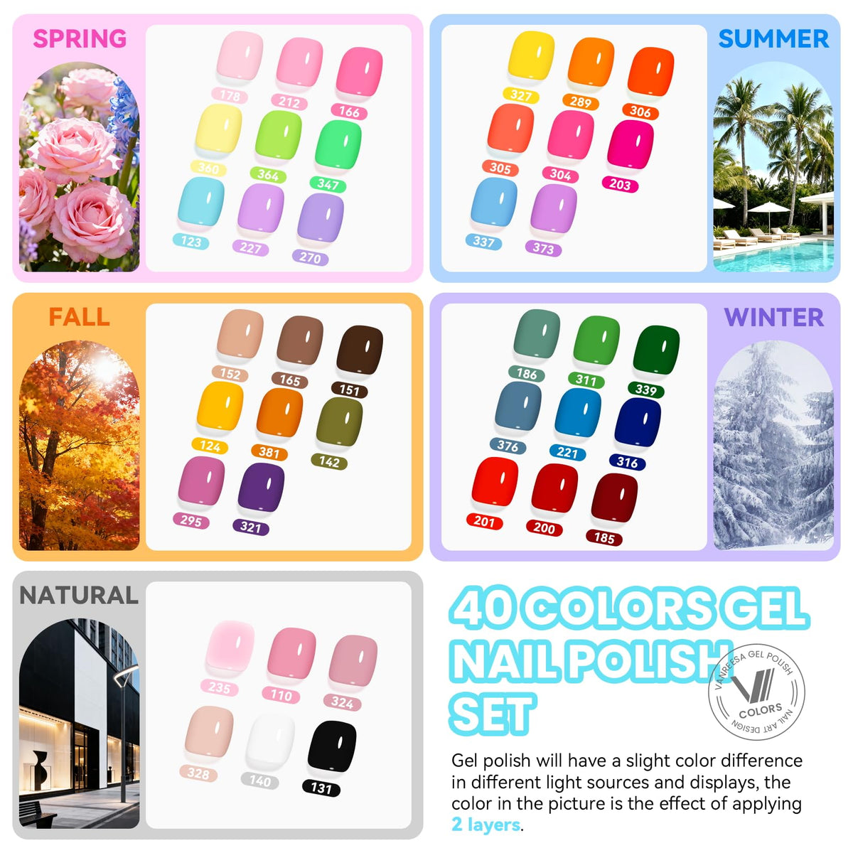 VANREESA 40 gel polish bottles arrayed to show full-season color range and easy choice