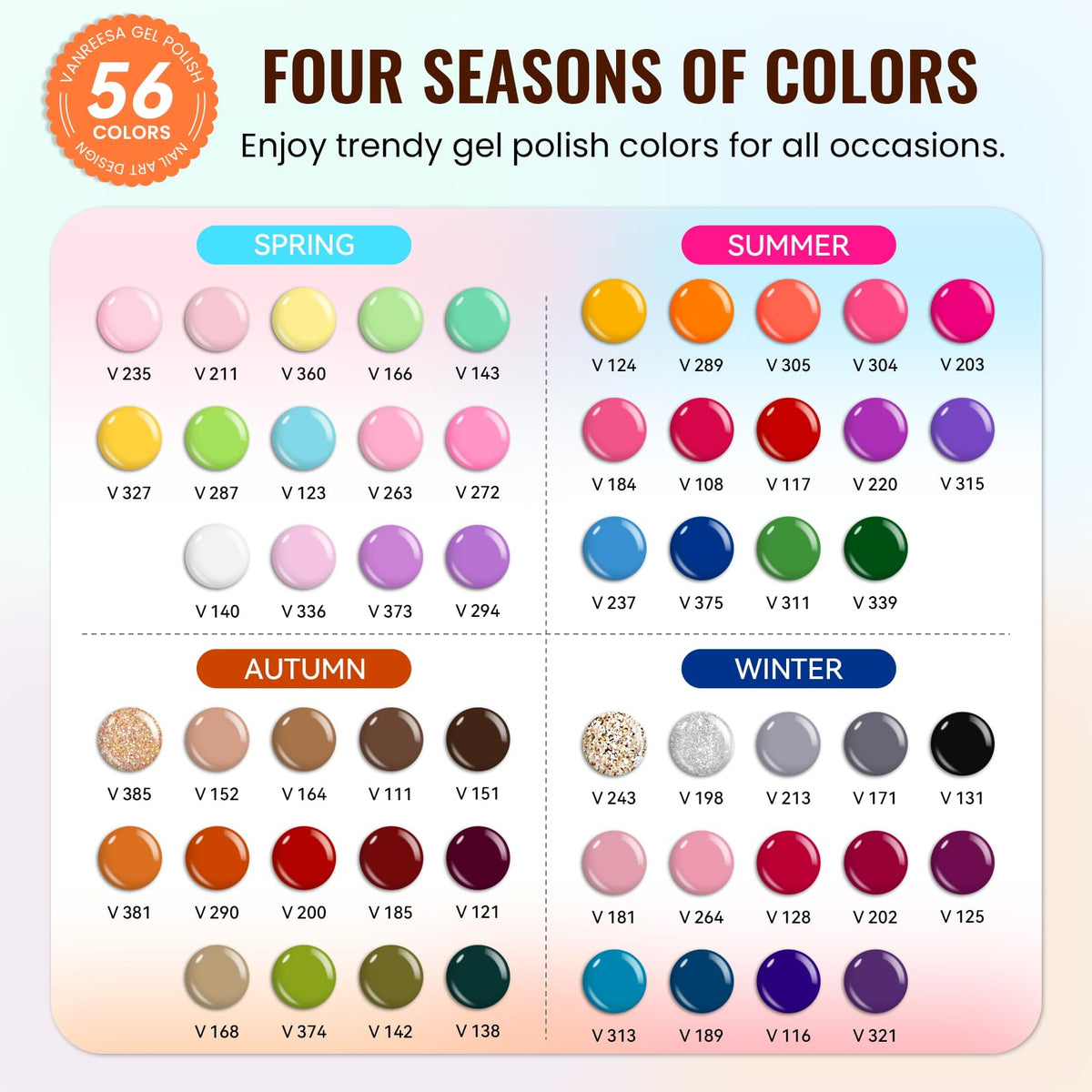 VANREESA 56-color palette arranged to show shade variety and inspiration