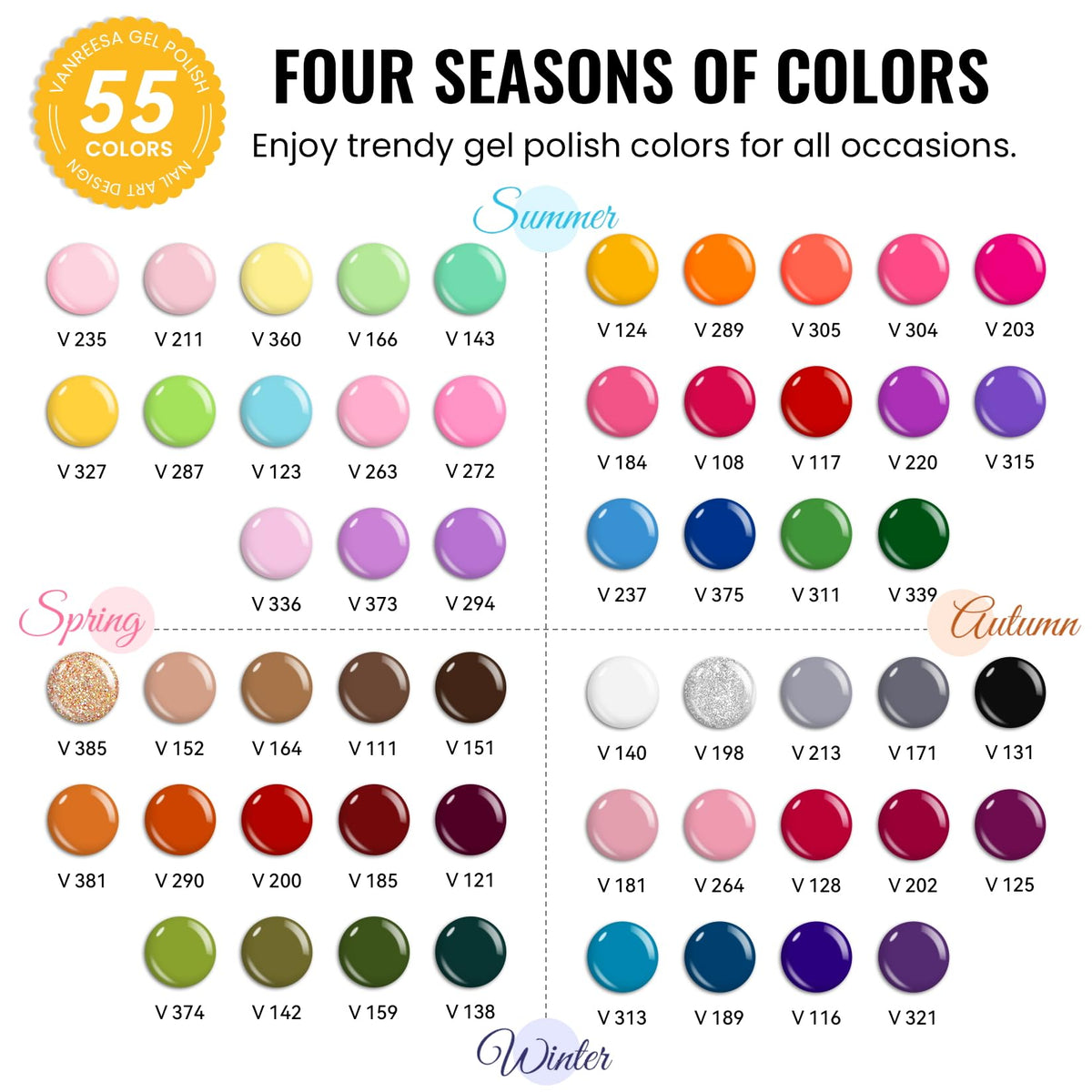 VANREESA wide color array flat lay, showcasing 55 diverse seasonal shades